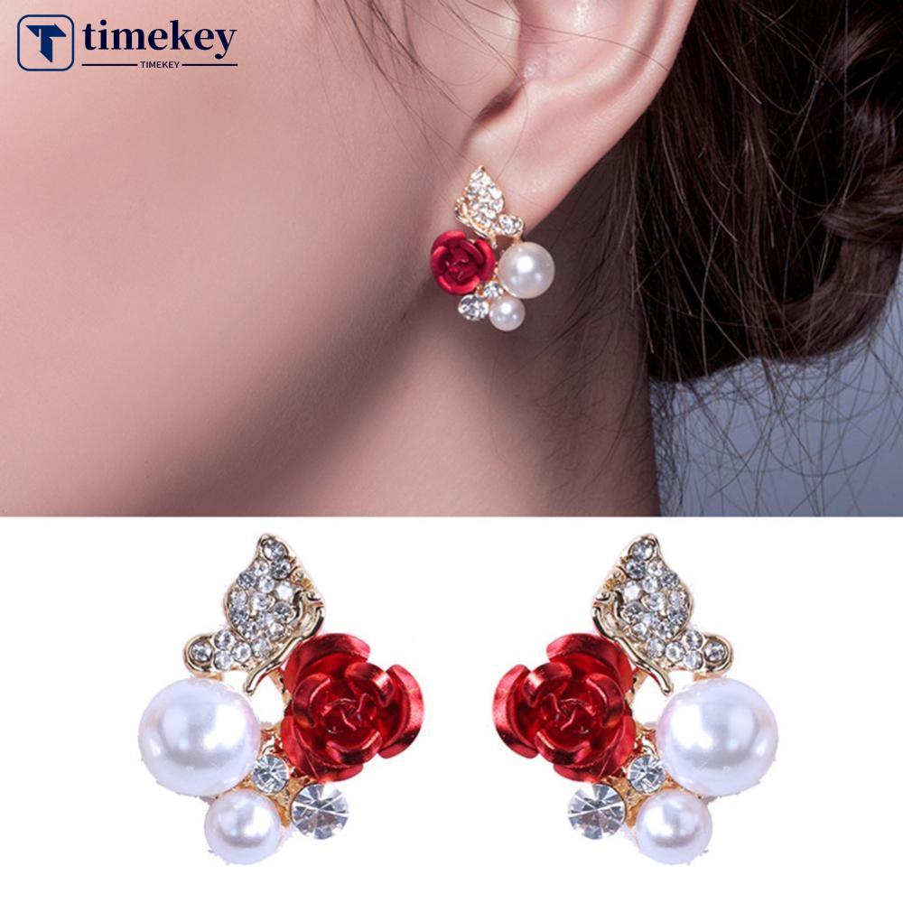 Timekey Anting Giwang Elegan Model Kupukupubunga Mawar Dengan Mutiaraberlian Imitasi Untuk Wanita A9K2