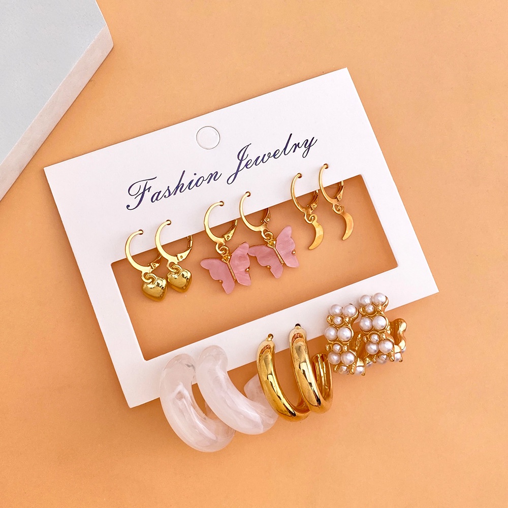 12pcs / Set Anting Bentuk Kupu-Kupu Aksen Mutiara Bahan Akrilik Gaya Vintage Untuk Wanita