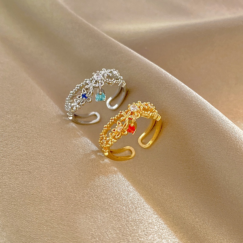 Mhang Cincin Model Terbuka Gaya Korea Motif Bunga Aksen Sapphire + Zircon Untuk Perhiasan Wanita