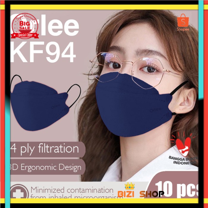 Masker KF94 KF 94 Orlee 4ply earloop Navy Biru Tua Embos isi 10
