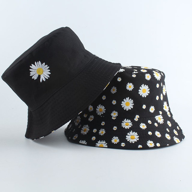 Topi Bucket Dua Sisi Anti Uv Motif Bordir Bunga Daisy Bahan Katun Twill / Bucket Bordir Bunga