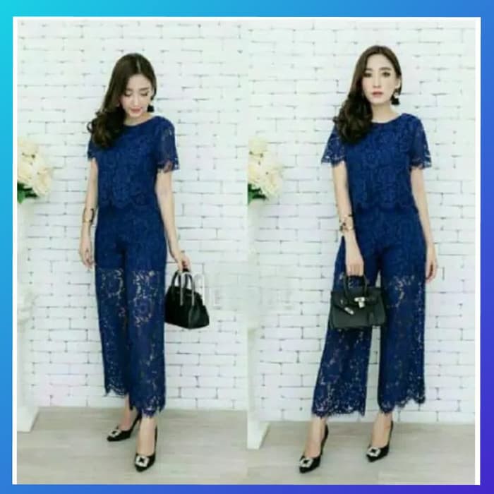 Baju setelan wanita brokat pesta set atasan blus celana pants navi dress cewek murah terusan cewek
