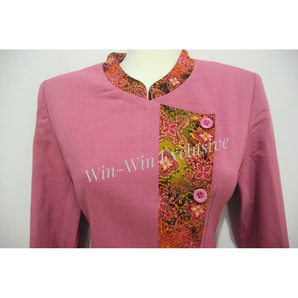 Unik Setelan Blazer Kerja Kantor Wanita Kombinasi Batik Pink Merah Muda Murah