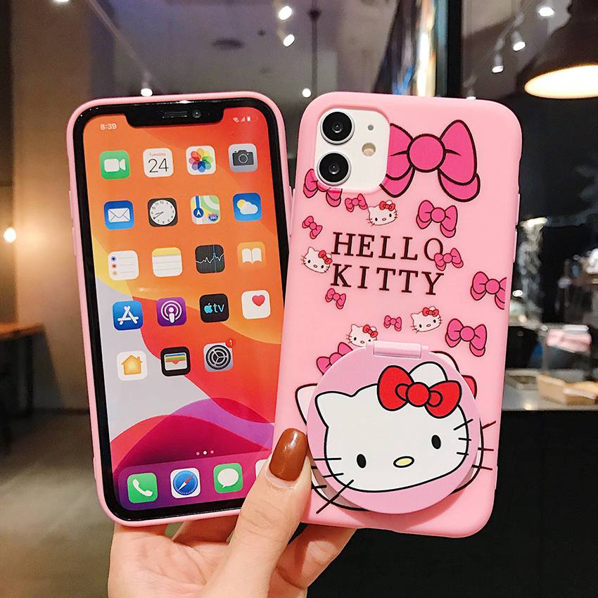 Soft Case VIVO Y11 Y12 Y12i Y15 Y17 Y55 Y55S Y55L Y20 Y20i Y20S Y12S Y71 Y83 V9 Y91C Y93 Y95 V15 V20 Z1 Pro S1 Casing Hello Kitty Mirror Holder Pink Color Cover OPPO A15 A93 Reno4 F