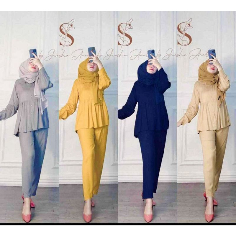 Amanda set - One Set Wanita Rayon Premium Setelan Wanita Rempel Celana Panjang Set Rayon Kekinian LD 110 cm