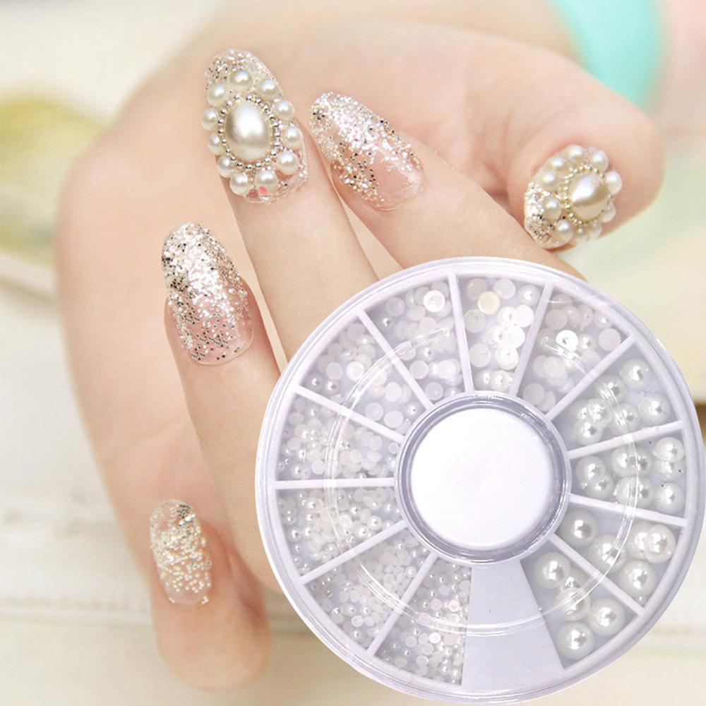 AUGUSTINA Hiasan Nail Art Mutiara Agustina2/3mm Setengah Bulat Putih Ukuran Campur 3D Nail Rhinestones