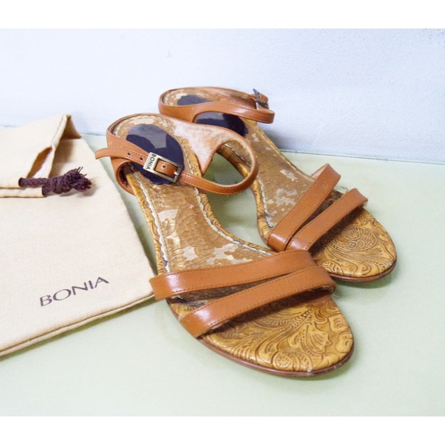 Bonia Low Kitten Heels Women Gold Brown Shoes Sepatu Wanita