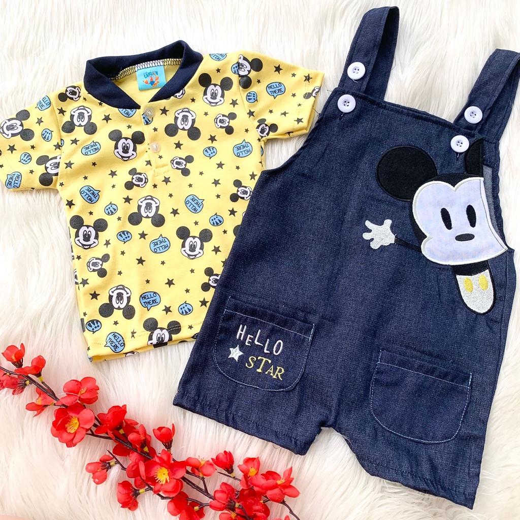 Baju setelan kemeja dan overall jeans keren bestseller bagus fashion anak bayi cowok laki murah -hel