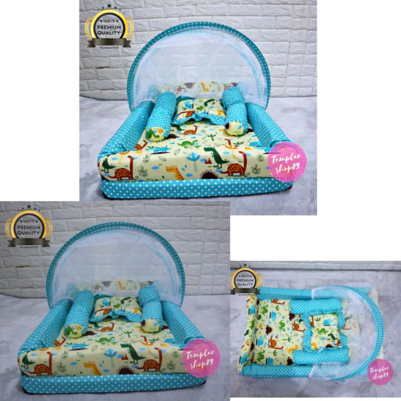 New Normal Kasur Kelambu Bayi Set Bantal Guling PREMIUM / Kasur Lipat Kelambu Bayi / Kasur Kelambu-dino cream pol kolam