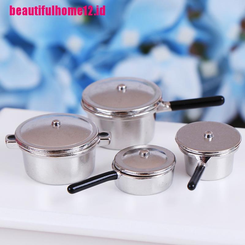 【beautifulhome12.id】4Pcs 1:12 Dollhouse Miniature Metal Mini Pot Set Doll House Kitchen Furnitures