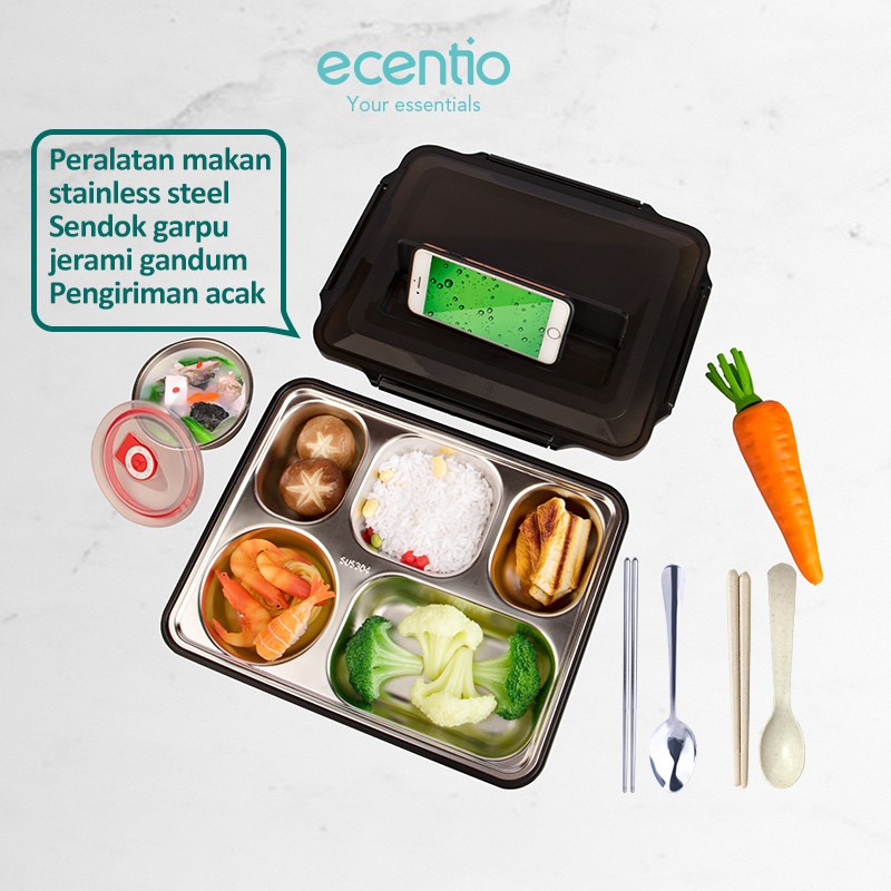 ecentio 5 Grid Kotak Makan Stainless Steel 304/1200ml+300ml Mangkuk sup/kotak bekal/lunch box