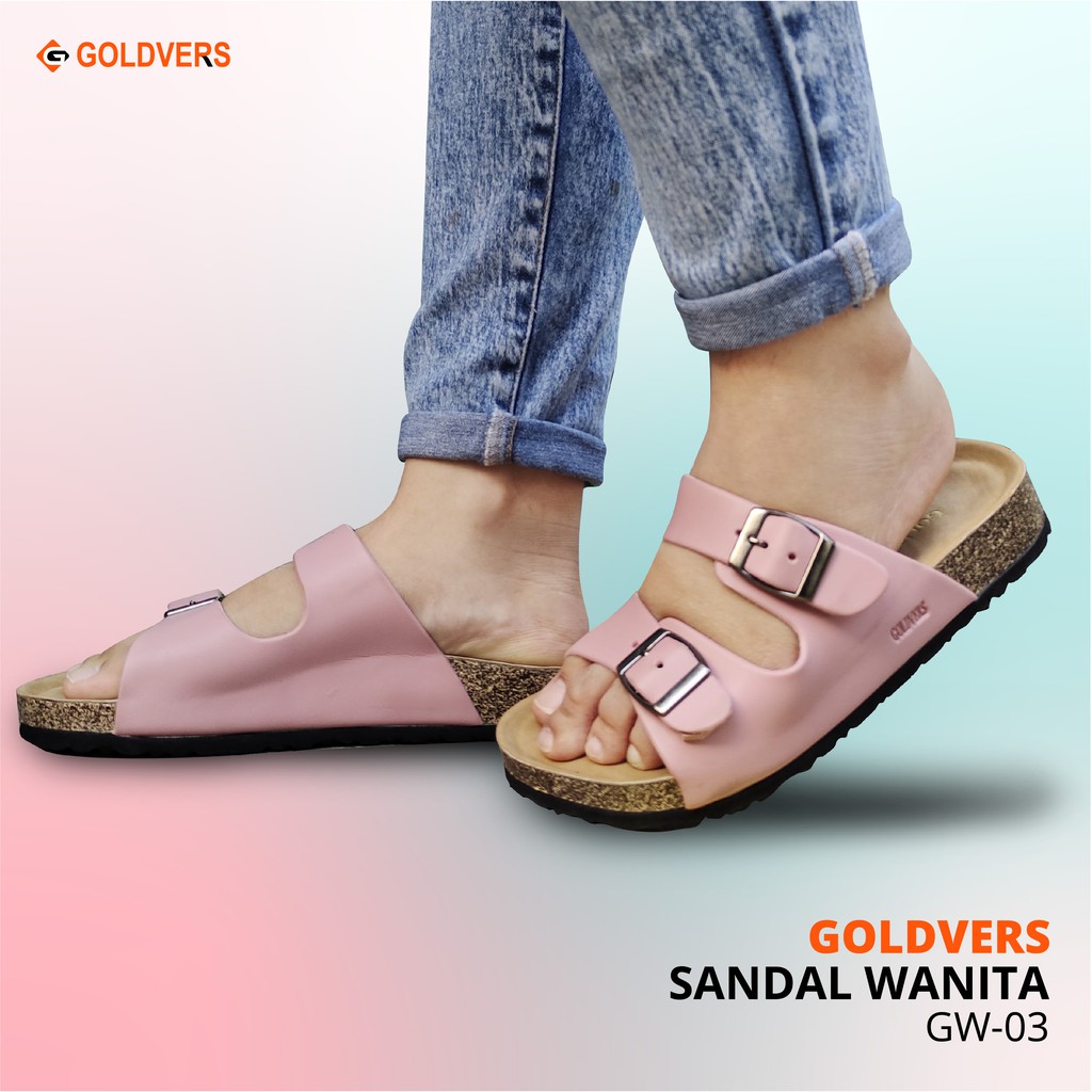 Goldvers Sandal Selop Wanita Synthetic leather PVC - Ukuran 36 sampai 40 ( Cream Coklat Pink )