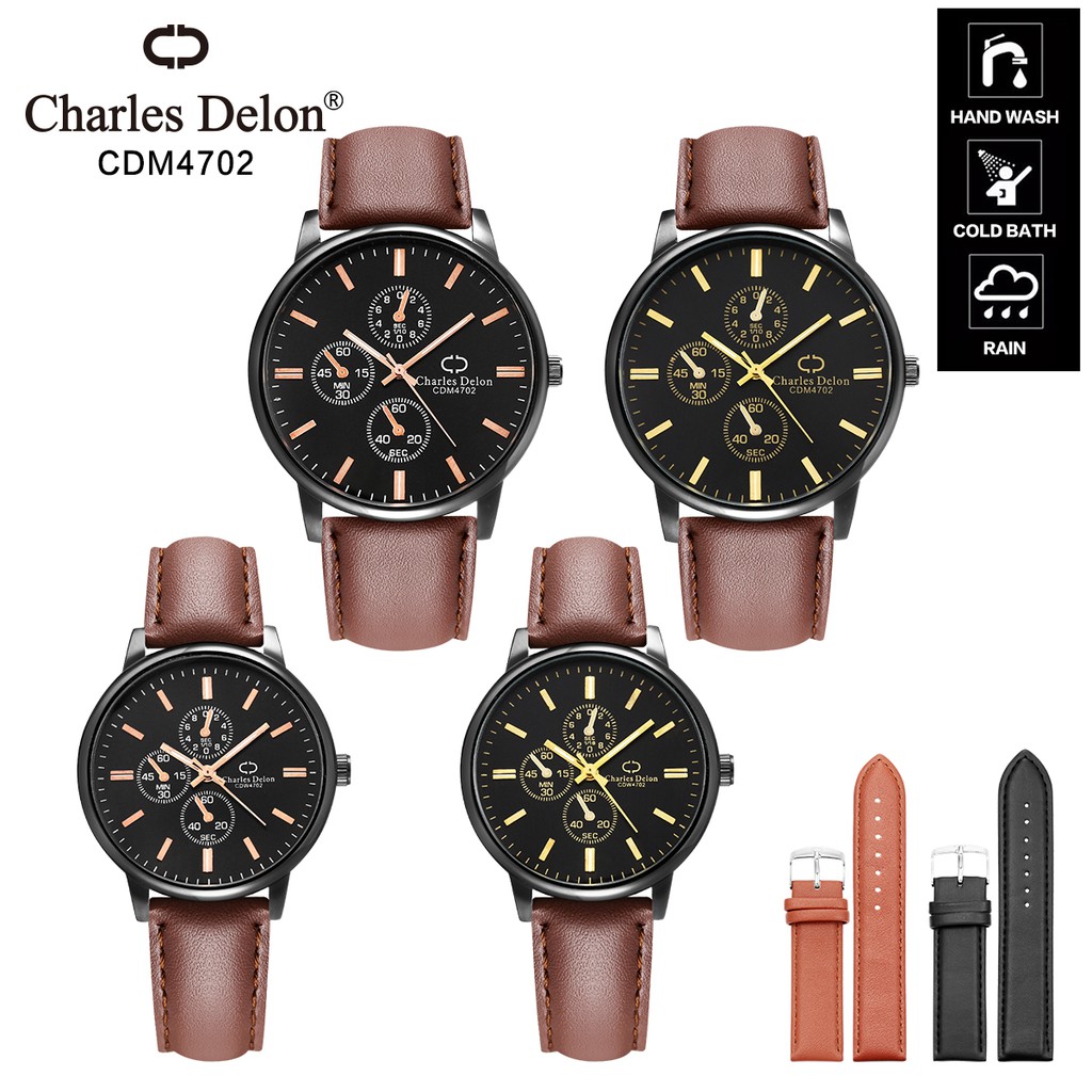 Jam Tangan Wanita Pria Couple Watch Kulit Anti Air Box Original Charles Delon 4702