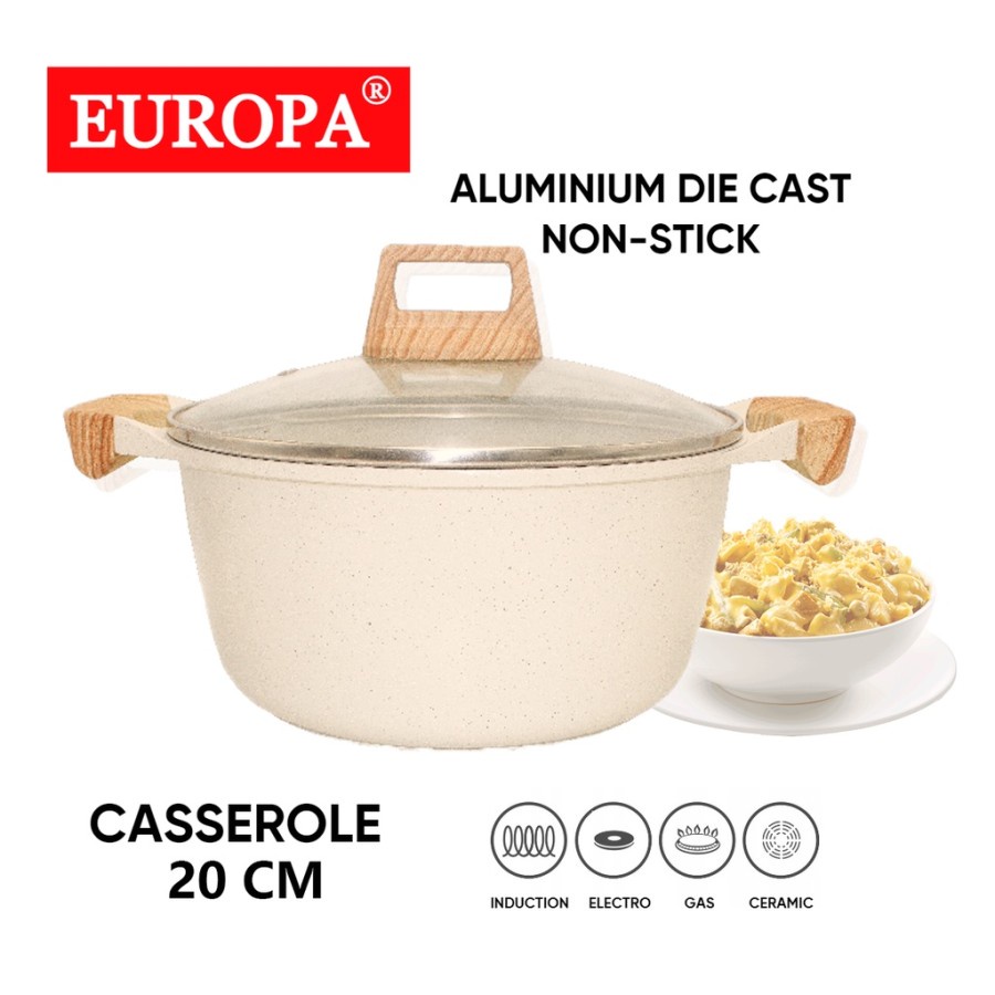 EUROPA Soup Pot Panci Anti Lengket Marble Coating 20cm + Handle kayu