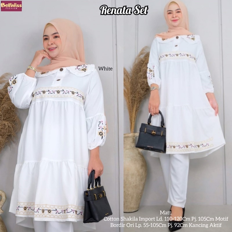 Renata set aplikasi bordir - setelan tunik dan celana bahan shakila LD 110-120cm