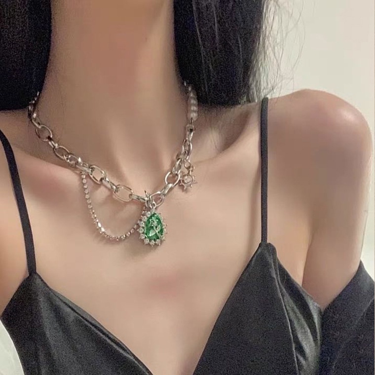 Green Rhinestone Pearl Necklace Accessories Hip Hop Clavicle Chain