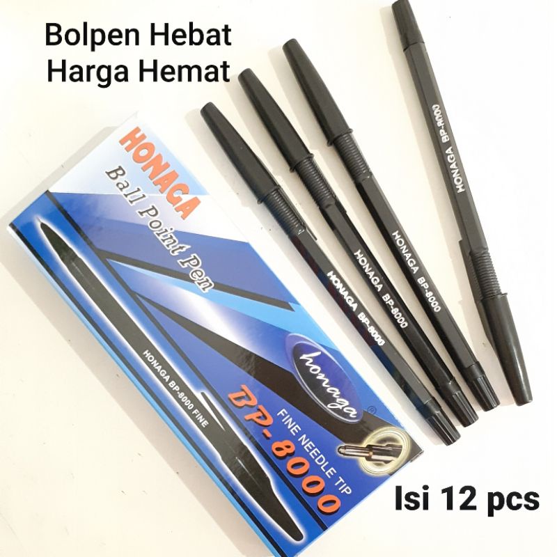 Bolpen Hitam Honaga BP 8000 - Pulpen Hitam Murah - 1 Pak Ball Point isi 12