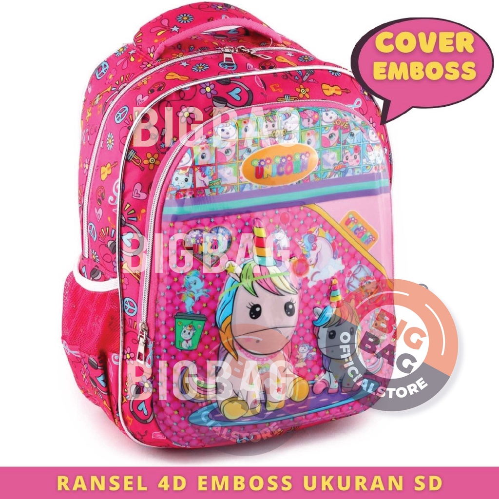 Tas Ransel Anak Perempuan Karakter - 4D Emboss Clarity - UKURAN SD TAS BOBA / UNICORN - Tas 4D Timbul