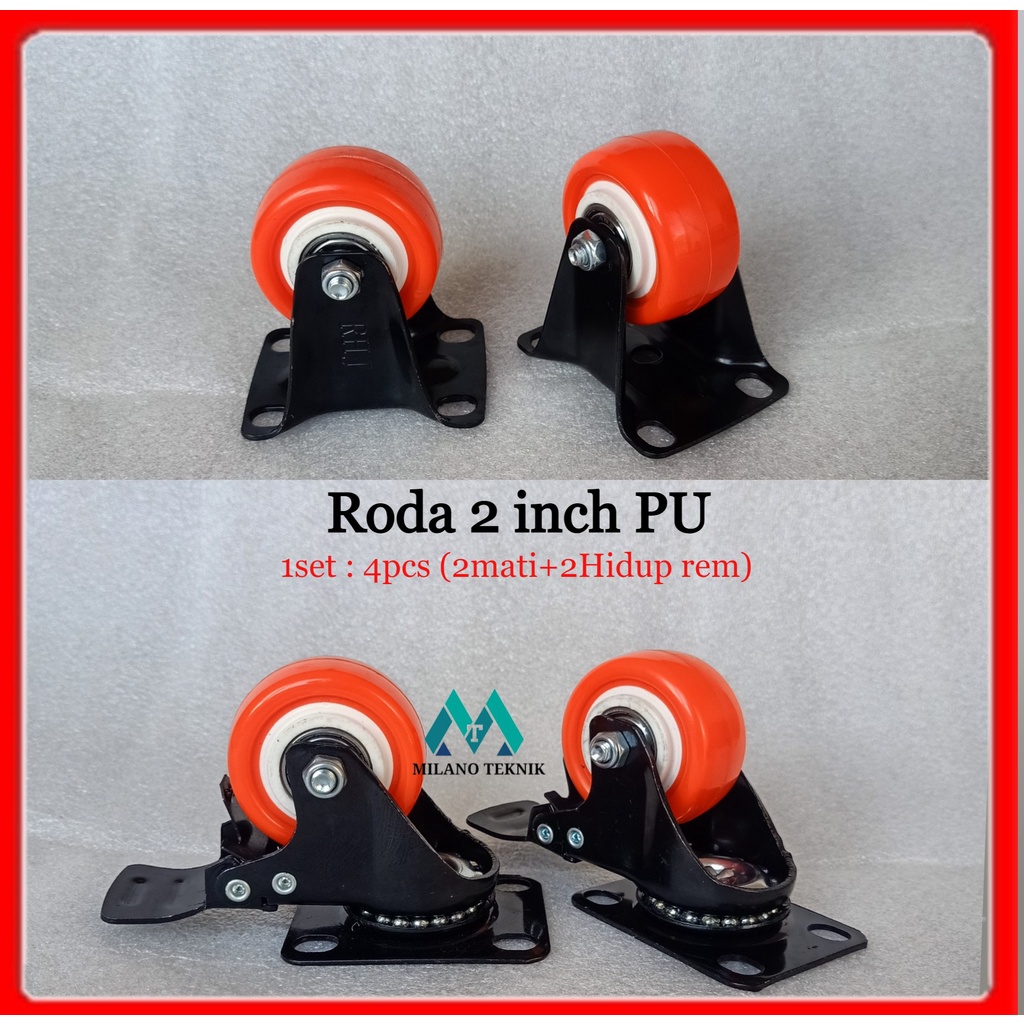 Roda 2 inch PU+Bearing (1set:4pcs 2M+Hrem) caster Troli Rubber karet 2