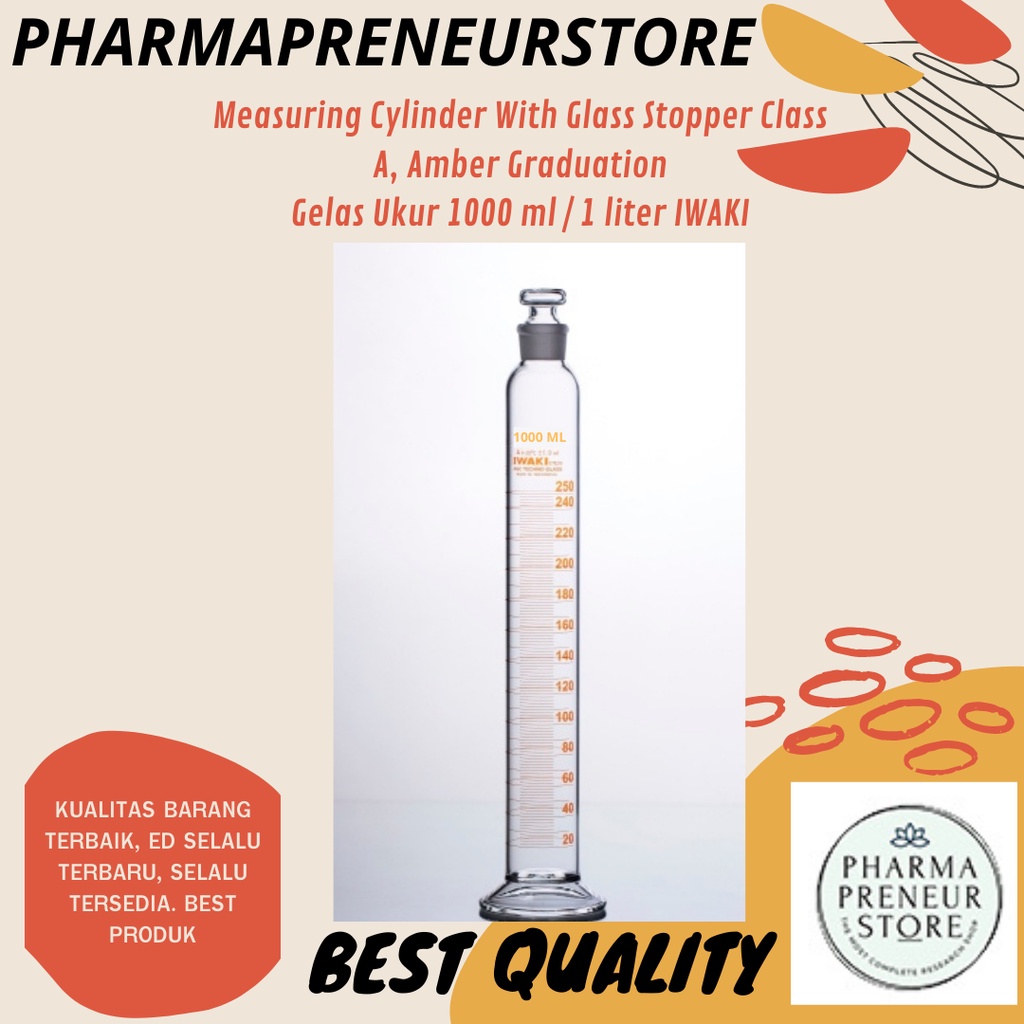 GELAS UKUR DENGAN SUMBAT KACA / MEASURING CYLINDER WITH GLASS STOPPER CLASS A, AMBER GRADUATION 1000 ML / 1 LITER IWAKI 2982-1000G-N BEST PRODUCT BEST QUALITY