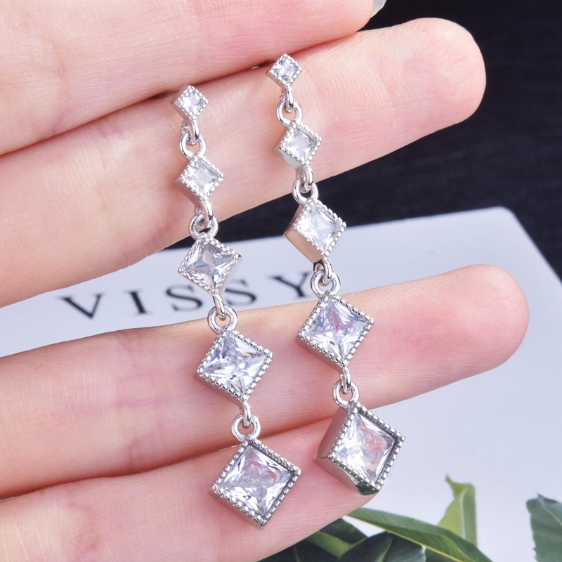 Fancyqube Anting Tusuk Gantung Panjang Silver 925 Desain Geometri Kotak Hias Zircon Aaa Untuk Wanita