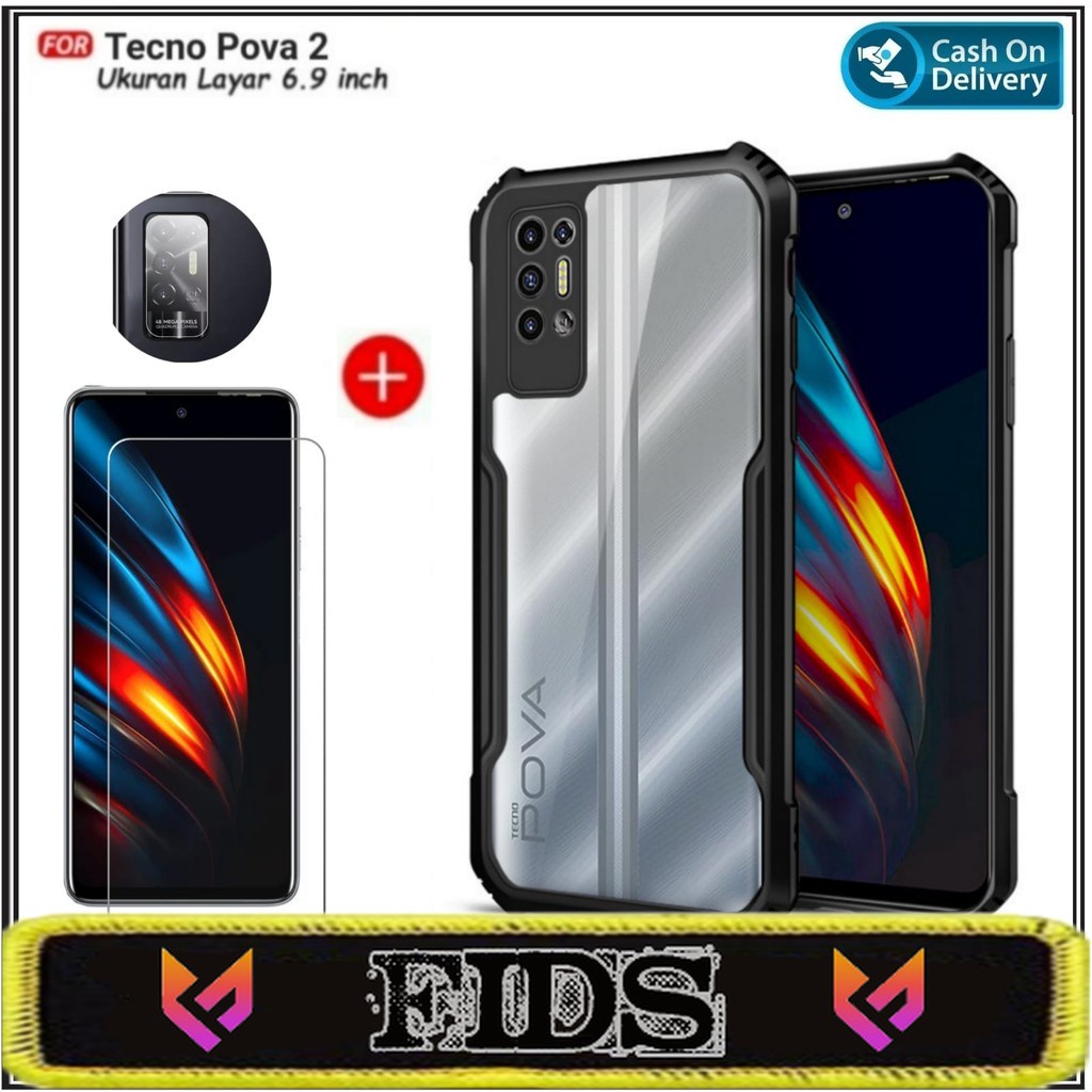 (PROMO PAKET) 3IN1 Case Tecno Pova 3 Pova 2 Soft Hard Fusion Shockprooft Free Tempered Glass Layar + Anti Gores Camera Belakang Handphone