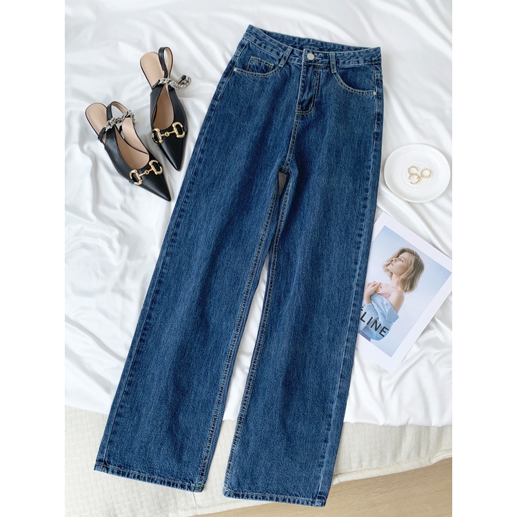 Denim Celana / High Waist Straight Celana Jeans Panjang Wanita Import（realpict）