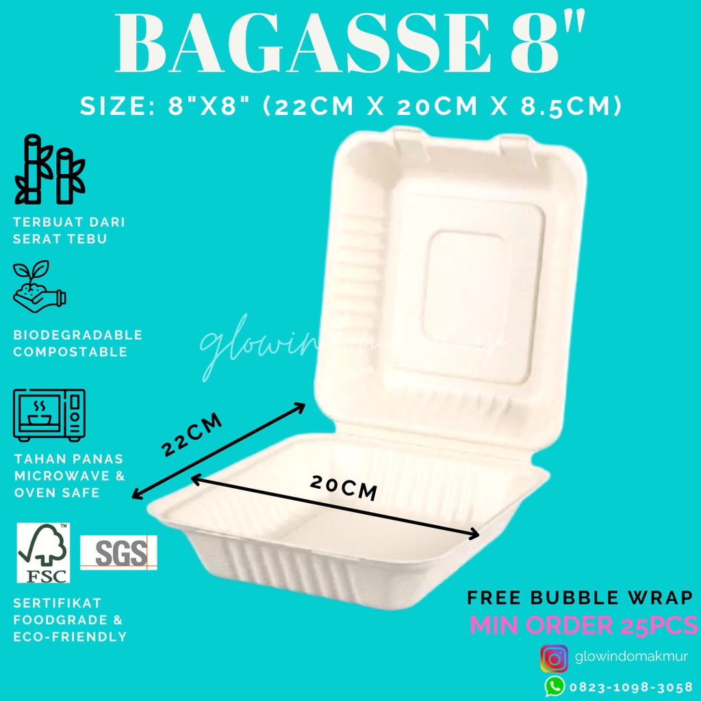 Bagasse Kotak 8 INCH 8&quot; Lunchbox Takeaway Sugarcane Serat Tebu ECO FRIENDLY Bento Set