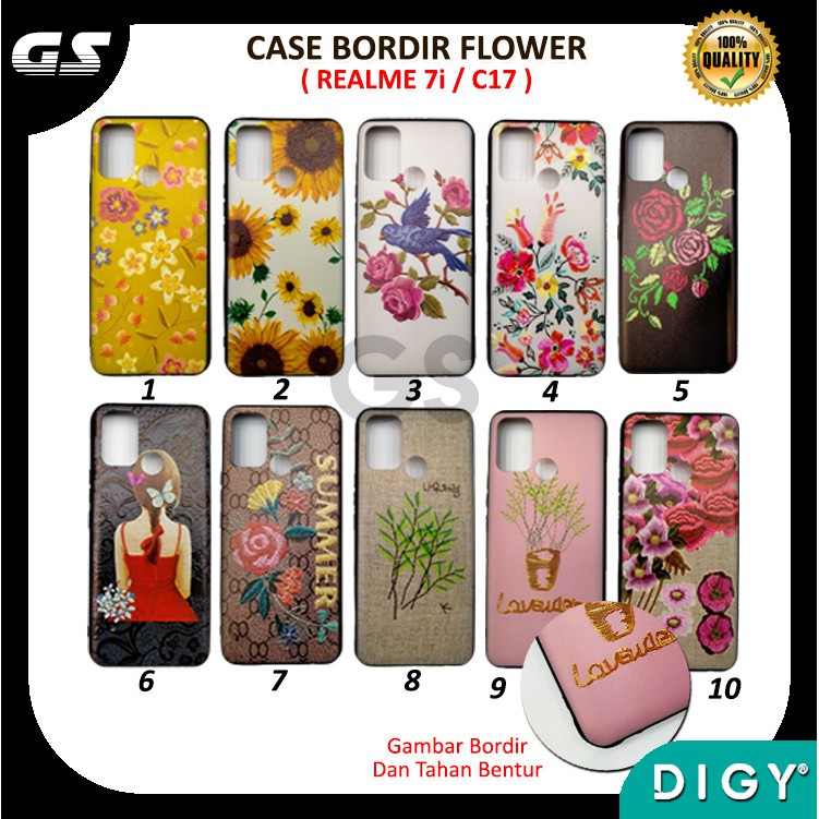 Case Bordir Flower Realme  5 5I C3 7i C17 Motif Timbul 3D Bunga