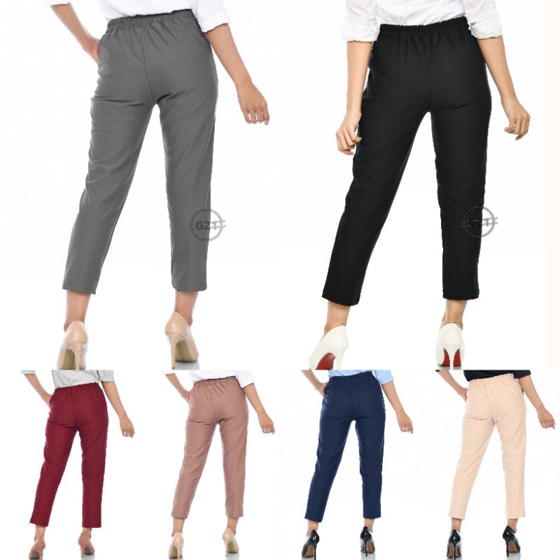 Celana Panjang Pinggang Karet Hitam Wanita Casual Dan Kerja Model Ankle Pants High Premium Quality Celana Panjang Kasual Kantor Formal Bahan Strit Strech Hitam Wanita