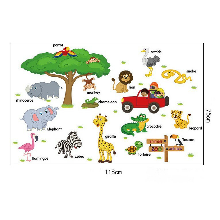 WALL STICKER POHON ANIMAL HEWAN ANAK JERAPAH STIKER DINDING EDUKASI MENGENAL BINATANG Tidak Merusak Cat