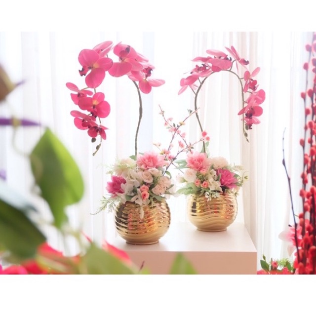 Full Set Vas Bunga Tunis & Rangkaian Mawar Anggrek Latex Premium