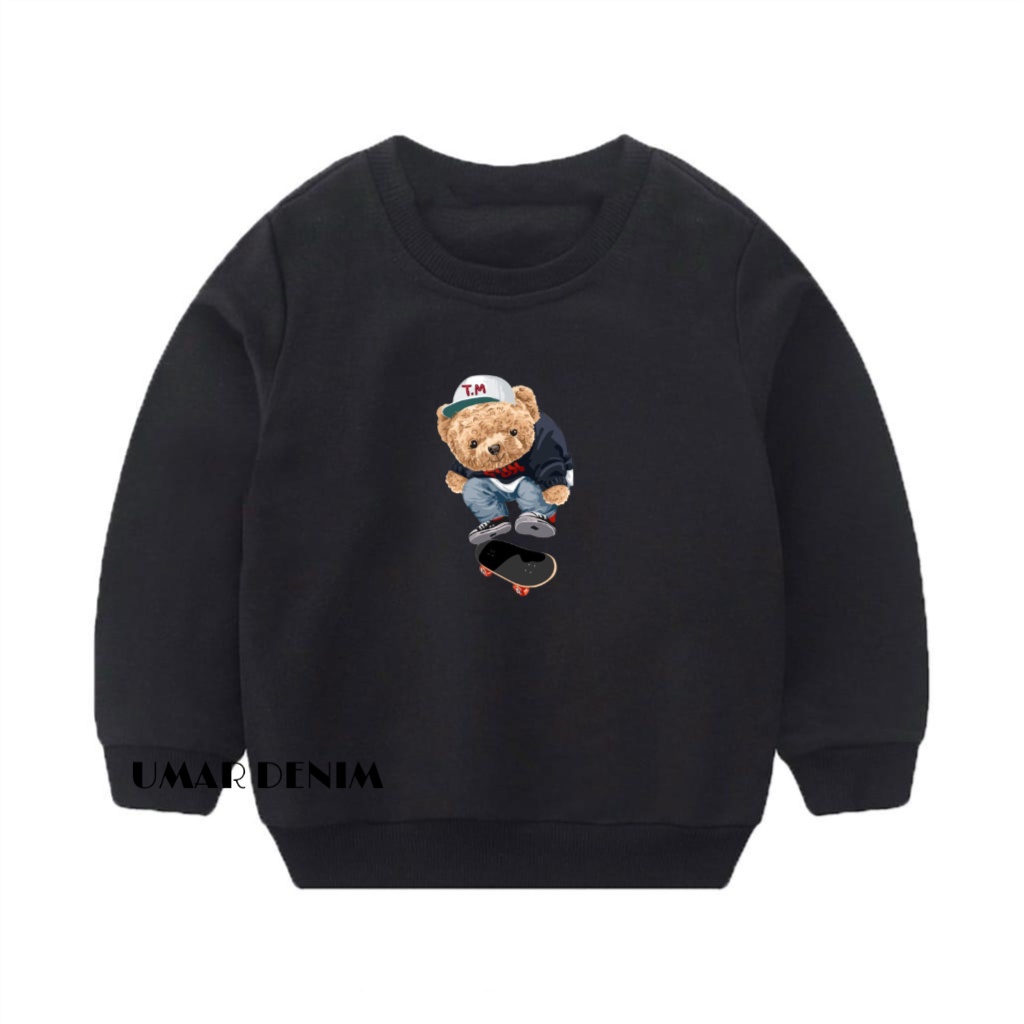 Sweater Crewneck Anak Balita Terbaru Motif T.M Skateboard Bear Bahan Fleece