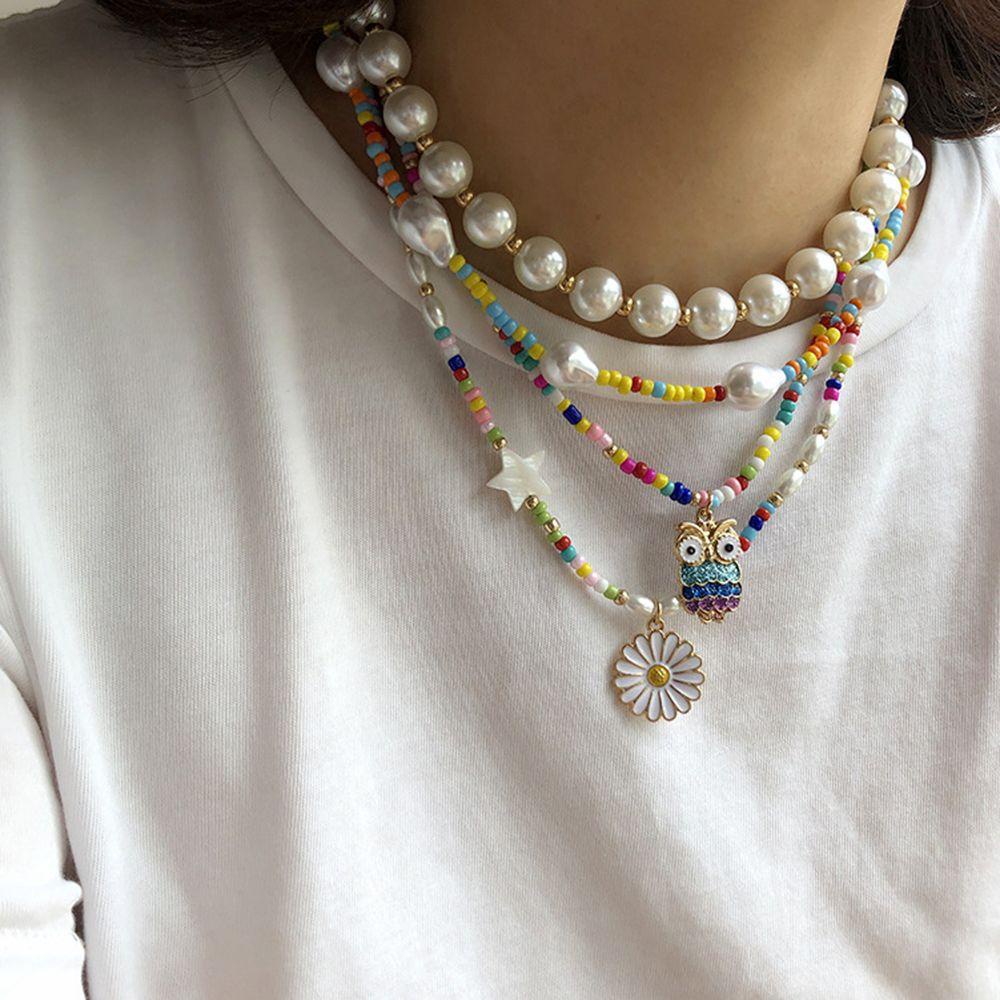 [Elegan] Kalung Bunga Gadis Trendi Hadiah Owl Daisy Manik Perempuan Pria Rantai Klavikula