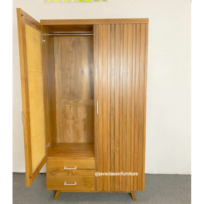 ALMARI PAKAIAN KAYU JATI PINTU 2 LEMARI CUSTOM KACA MINIMALIS KABINET WARDROBE VINTAGE FINISHING NATURAL FURNITURE JEPARA-3