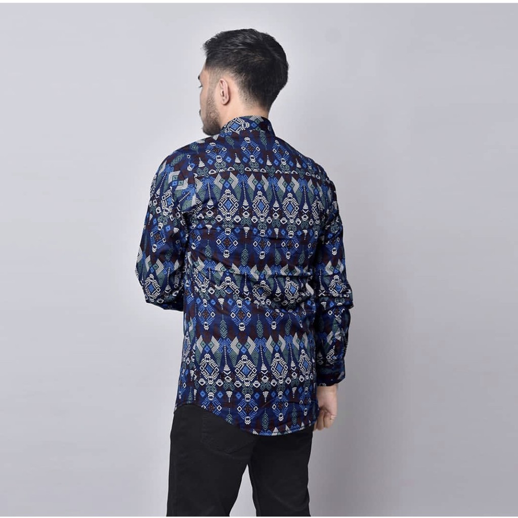 (READY BIG SIZE) BABEDO KEMEJA BATIK SLIMFIT PRIA MOTIF TORPEDO BIRU LENGAN PANJANG PREMIUM