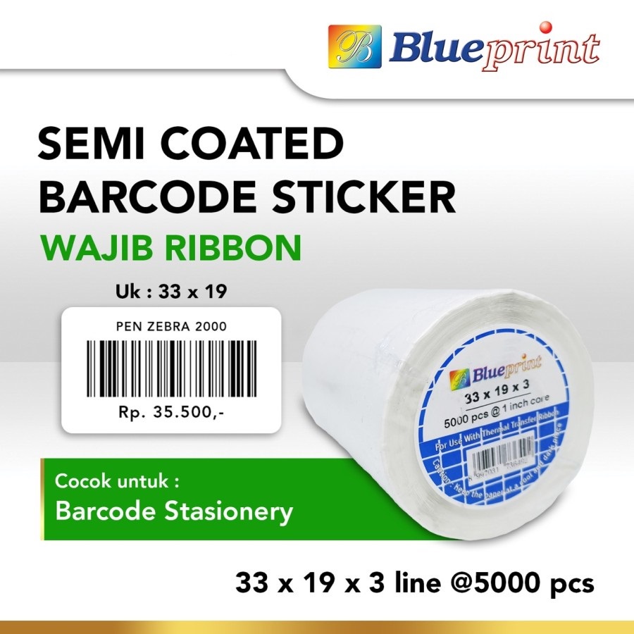 Blueprint Sticker label 33 x 19mm 3 Line Baris Semi Coated Stiker Barcode