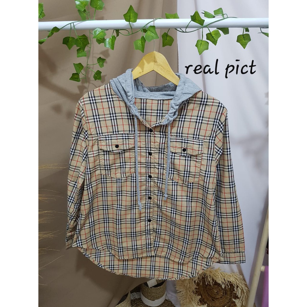 KEMEJA KOTAK BB ATASAN WANITA DENGAN HODIE/KEMEJA BASIC/KAMEJA WANITA-MOCCA