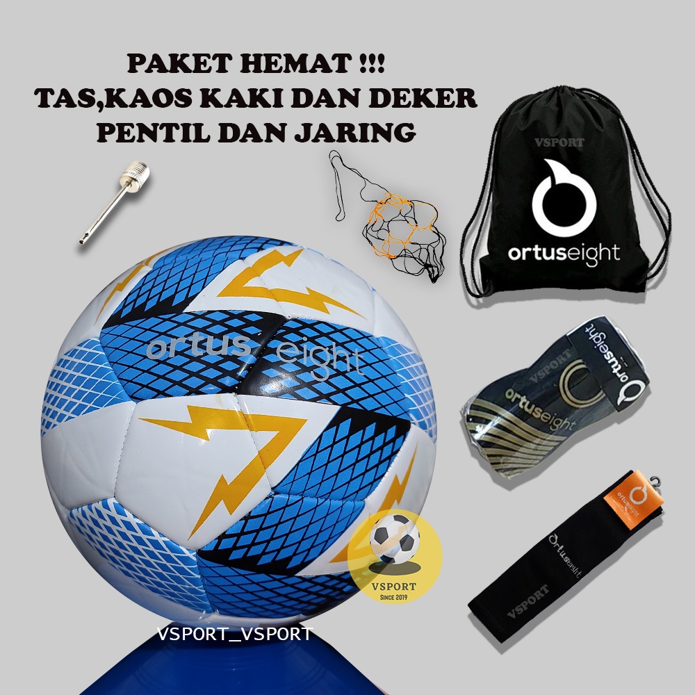 PAKET HEMAT BOLA SEPAK ORTUSEIGHT BIRU SIZE 5 BONUS PENTIL, JARING, TAS, DEKER DAN KAOS KAKI