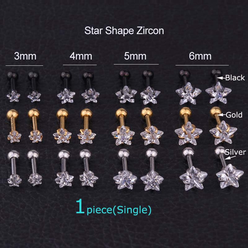 1piece 3/4/5/6mm Crystal Zircon Ear Cartilage Earrings Tragus Helix Piercing 16G