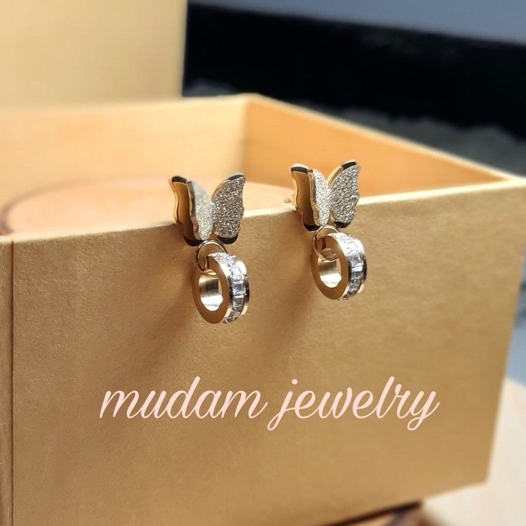 Anting Tusuk Titanium Model Kupu-Kupu Dengan Ring Diamond Warna Rose Gold dan Gold