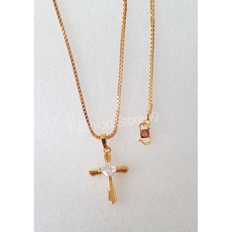 kalung Fashion Salib emas permata putih xuping perhiasan replica emas impor kalung rohani import