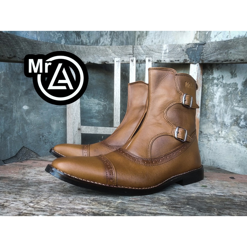 Sepatu Koboy Semi Formal Pria Original Mr.LA Kulit SAPI ASLI Tan Pantopel Kerja