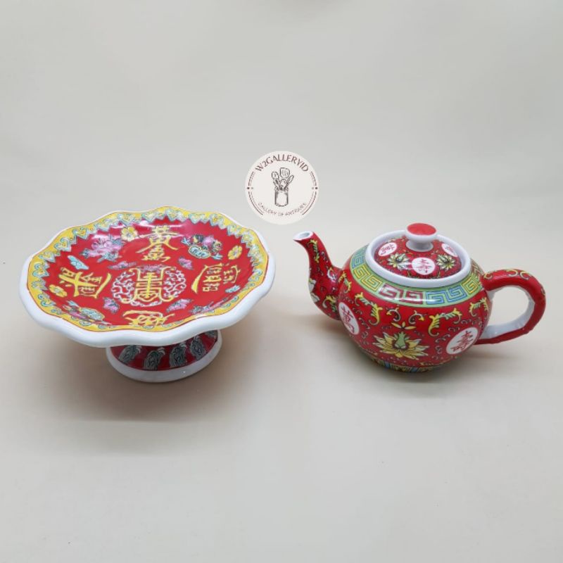 Chinese Tea pot & tray ceramic/tea pot & tray keramik antik/teko & stand kue china jadul