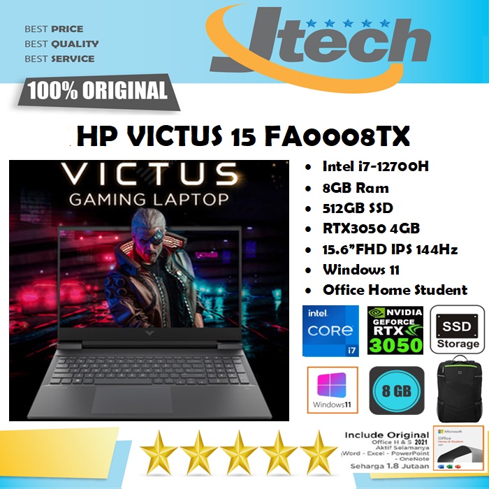 HP VICTUS GAMING 15 FA0008TX - i7-12700H - 8GB - 512GB SSD - RTX3050 4GB - 15.6&quot;FHD IPS 144Hz - WIN11 - OFFICE HOME STUDENT