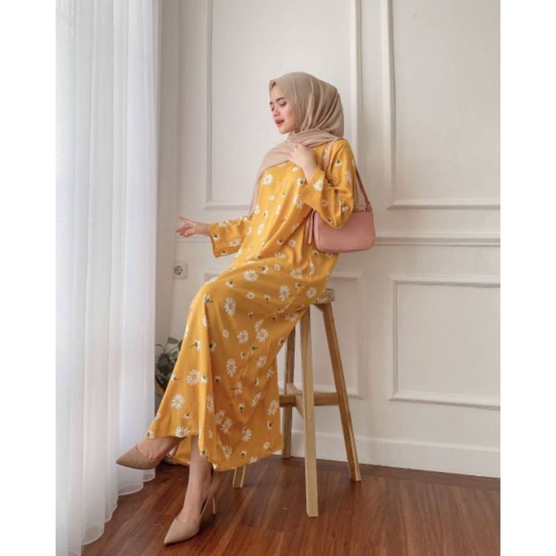 COD DASTER GAMIS LONG DASTER RAYON VISCOSE LENGAN PANJANG JUMBO LD 120-ORINA ( RINE KUNING)