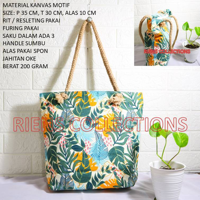 RIENS COLLECTIONS. TOTEBAG KANVAS TALI SUMBU MOTIF FLORAL KUNING. TAS KANVAS. TAS JOGJA. SOUVENIR JOGJA