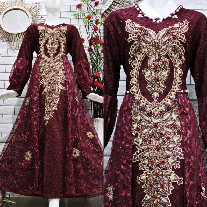 gamis pesta terbaru / gamis brokat full / gamis jumbo pesta / ootd gamis / gamis busui / baju pesta