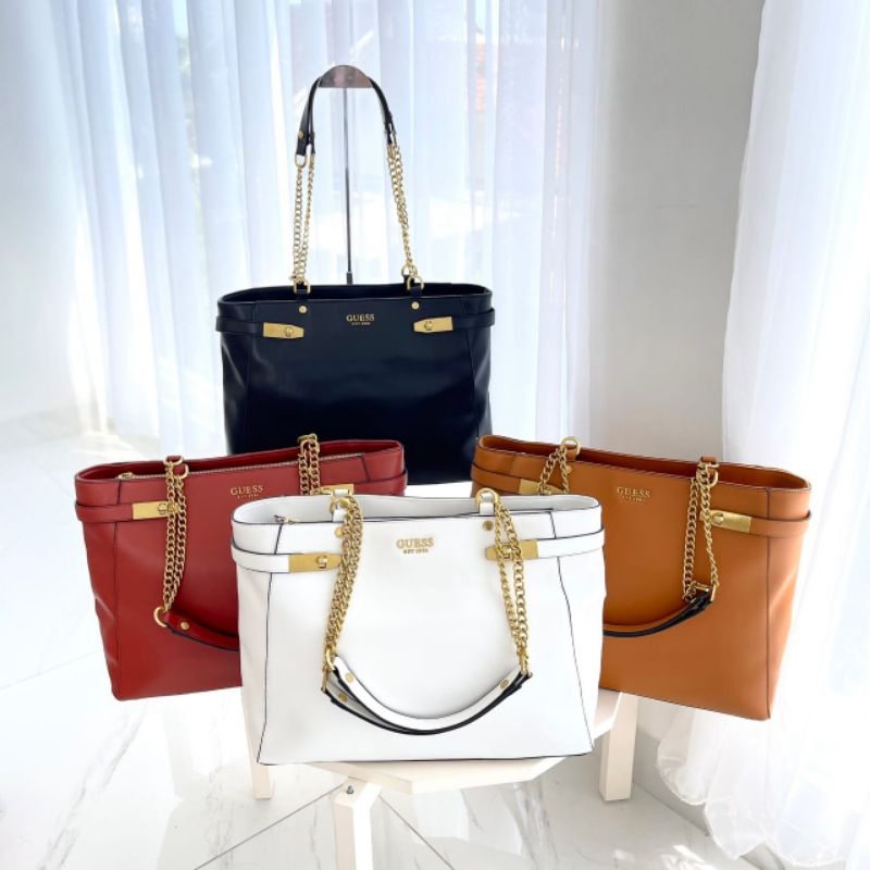 Tas Guess tote bag besar hitam putih clay merah coklat