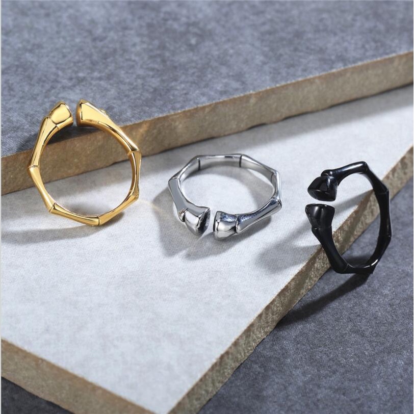 Cincin Desain Bambu Bahan Baja Titanium Perak Emas Hitam Gaya Vintage Untuk Pria Dan Wanita